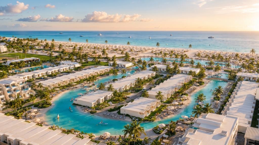 Tropical resort aerial view with lagoon pools and beach
