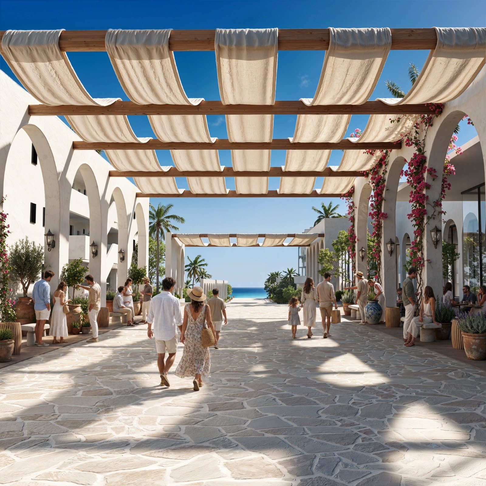 Mediterranean resort courtyard with ocean view